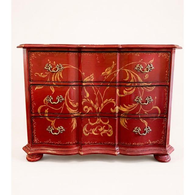 A striking three-drawer serpentine chest by Century Furniture, model HC11-702. Crafted of maple solids and veneers, the...