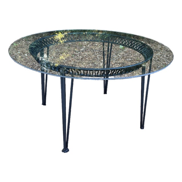 Attributed to Maurizio Tempestini for John Salterini “Ribbon” Wrought Iron Dining Table With 54” Glass Top, C. 1950s For Sale