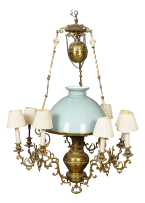 Antique French Brass Sphinx Celadon Glass Converted 9 Arm Oil Lamp Chandelier