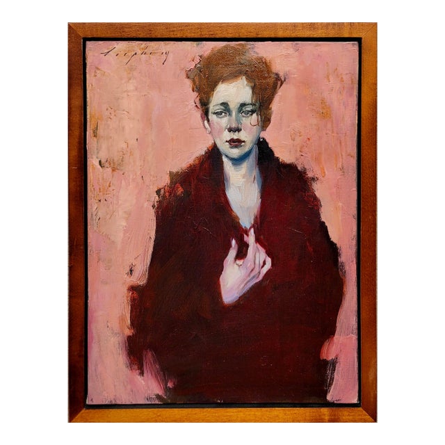Malcolm Liepke -Melancholic Girl Wearing a Red Coat -Oil Painting For Sale