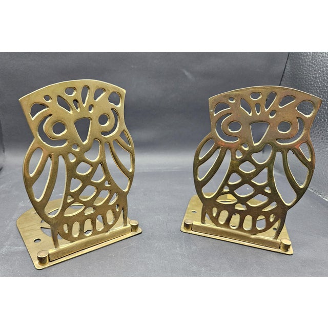 Mid-Century Modern Vintage 1970s Brass Owl Bookends Pair of 2 Made in Taiwan For Sale - Image 3 of 8