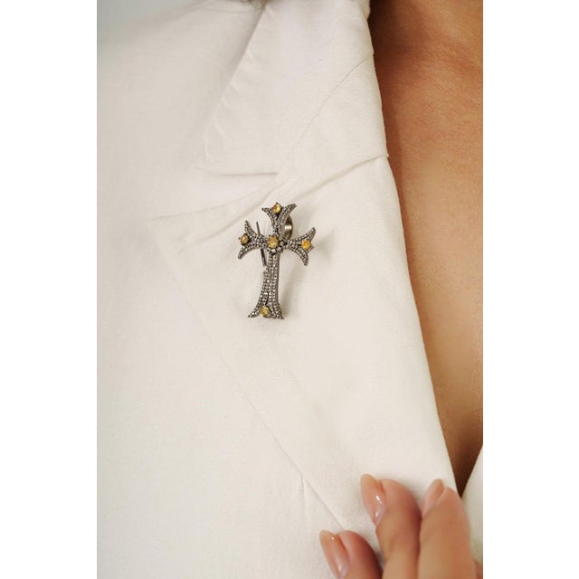 Yellow Antique Style Yellow Sapphire & Diamond Flared Cross Pendant Brooch For Sale - Image 8 of 12