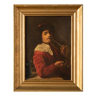 Man Smoking a Pipe, 19th Century, Oil on Canvas, Framed For Sale