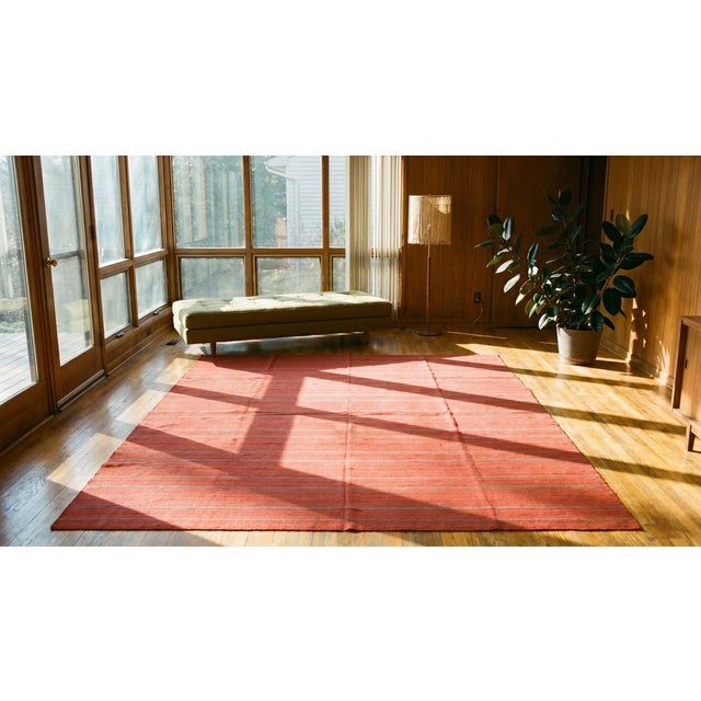 1920s Red Coral Stripe Kilim Antique Flat Woven Nw Persian Rug 7'9"x 8'7" Carpet For Sale - Image 11 of 12