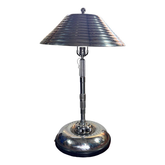 1980s Chrome Machine Age Art Deco Style Table Lamp W/ Torque Converter Base For Sale