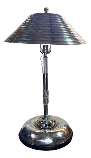 1980s Chrome Machine Age Art Deco Style Table Lamp W/ Torque Converter Base