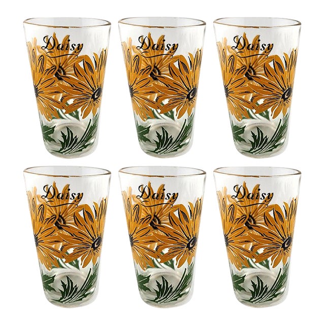 Set of 6 Mid-Century Boscul Glasses With Daisy Written in Script For Sale