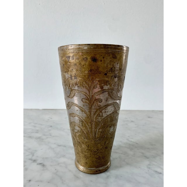Early 20th Century Antique Indian Etched Brass Lassi Cups or Bud Vases, a Pair For Sale - Image 5 of 14