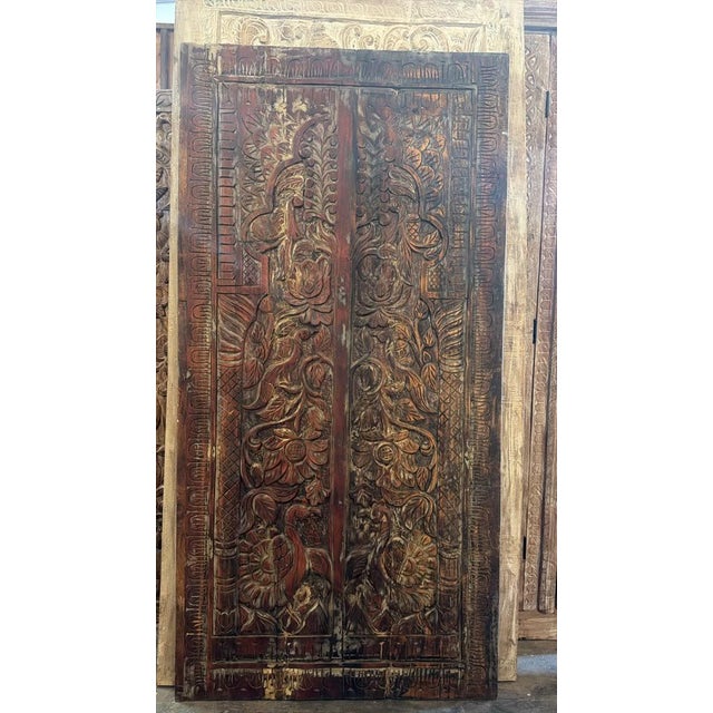 Antique Tree of Life Carved Wood Barn Door Panel – Rustic Peacock & Floral Motif For Sale In Orlando - Image 6 of 7