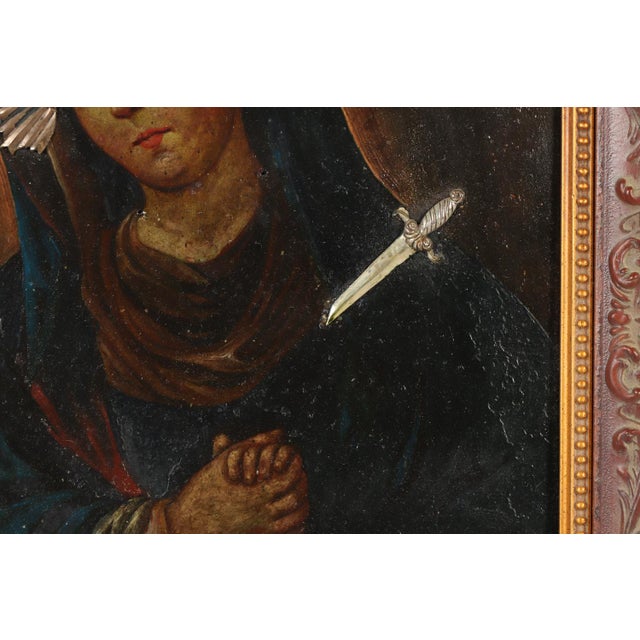 19th Century Mater Dolorosa, Oil on Metal With Silver Applique Resplendor and Dagger, 19th Century For Sale - Image 5 of 11
