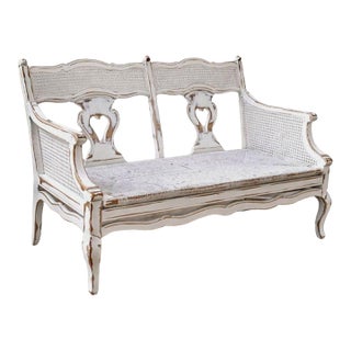 French Country Settee With Cane Accent & Rush Seat For Sale