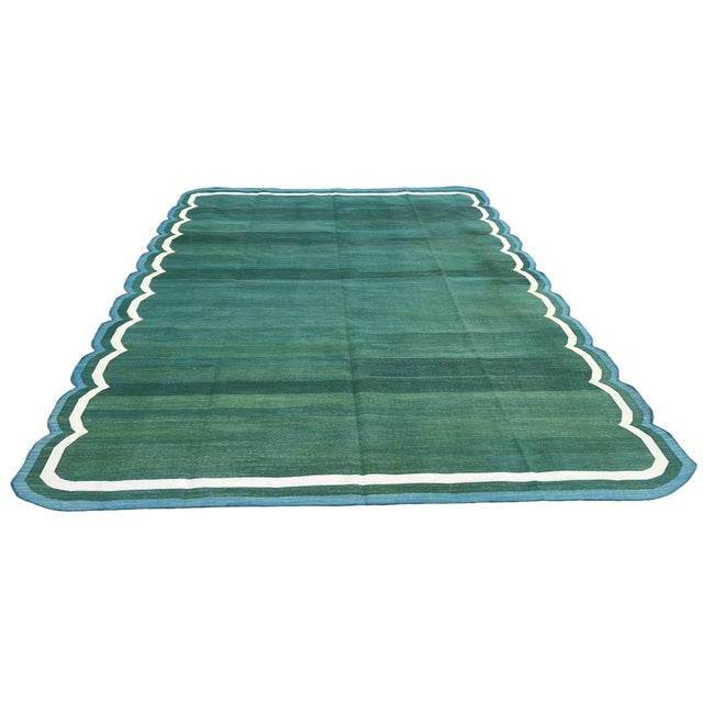 Handmade Cotton Area Vegetable Dyed Rug, Forest Green, Cream and Teal Blue Scalloped Dhurrie - 10'x14' For Sale - Image 9 of 10