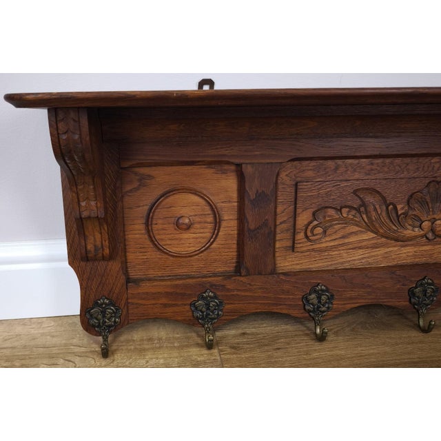 Vintage French Carved Oak 7-Hook Coat Rack For Sale - Image 9 of 11