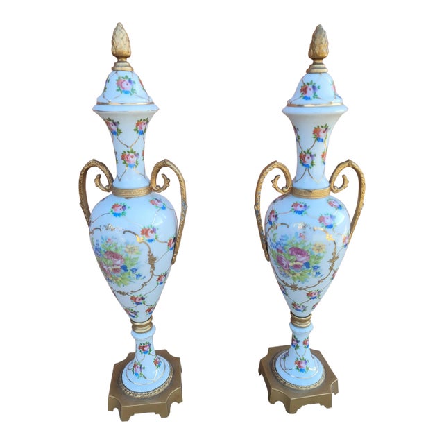 Pair of French Hand-Painted Porcelain and Gilt Metal Amphoras For Sale
