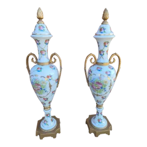 Pair of French Hand-Painted Porcelain and Gilt Metal Amphoras