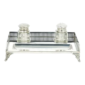 English Silver Plated Gallery Top Footed Holding Base / Cut Glass Inkwell