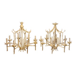 Set of Two 1950s Large Eight Light Faux Bamboo Pagoda Cream Vintage Chandeliers For Sale