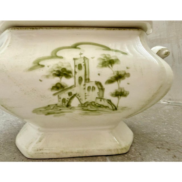 VIETRI Soup Tureen and Lid in ‘Borgo Antico’ by Vietri of Italy, Olive Green Landscapes With Buildings Hand Painted an Off White Porcelain Ground For Sale - Image 4 of 12