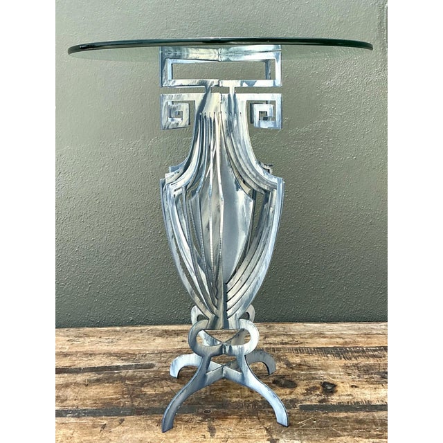 Hollywood Regency Vintage Greek Key Motif Metal and Glass Drinks Table For Sale - Image 3 of 12