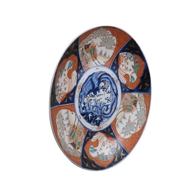 Antique Japanese Imari porcelain platter / charger, decorated in blue, orange, green and gold with alternating panels of a...