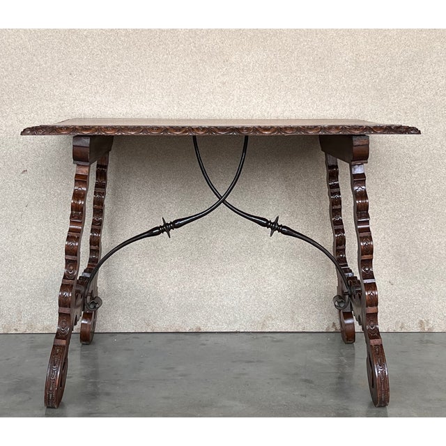 Baroque Side Table of Walnut With Carved Lyre Legs and Top, Spanish, 19th Century For Sale - Image 3 of 13
