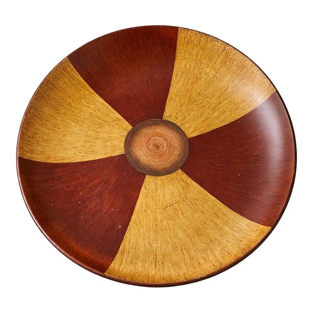 Vintage Faux Bois Ceramic Centerpiece Bowl — Large 16” Sunburst Woodgrain Decorative Tray For Sale