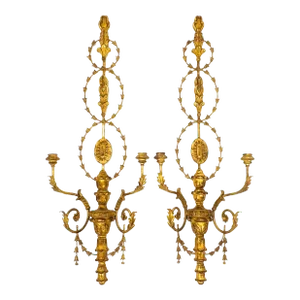 Pair of Monumental Carved Italian Giltwood & Iron Wall Sconces by Myran Allan