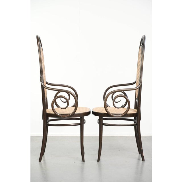 Set of 2 original vintage Thonet design chairs, model Long John, with armrests, a high back, webbing seat and backrest,...