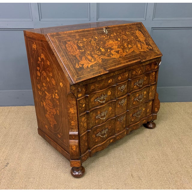 Antique Dutch Marquetry Walnut Bureau, 1760 For Sale - Image 3 of 14