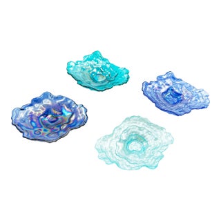 Vintage Free Form Set of Hand Made Art Glass Bowls in Varying Shades of Iridescent Blues - 4 Pieces For Sale