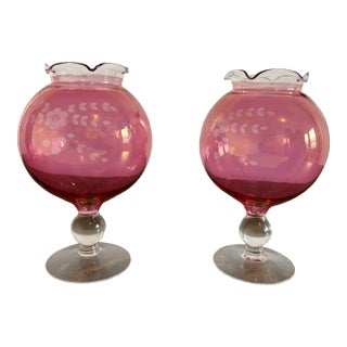 Vintage Cranberry Etched Vase For Sale