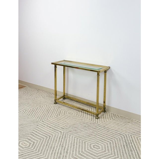 Vintage MCM Brass Console Table Glass Top Hollywood Regency Sofa Table Coastal For Sale - Image 12 of 14