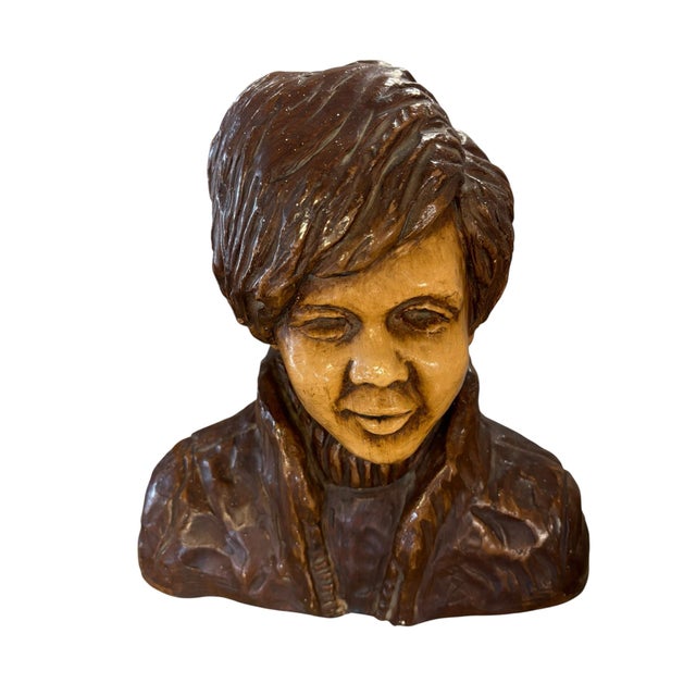 Vintage 1972 glazed bust Sculpture depicting a young boy in a turtleneck sweater jacket. The bust features expressive...