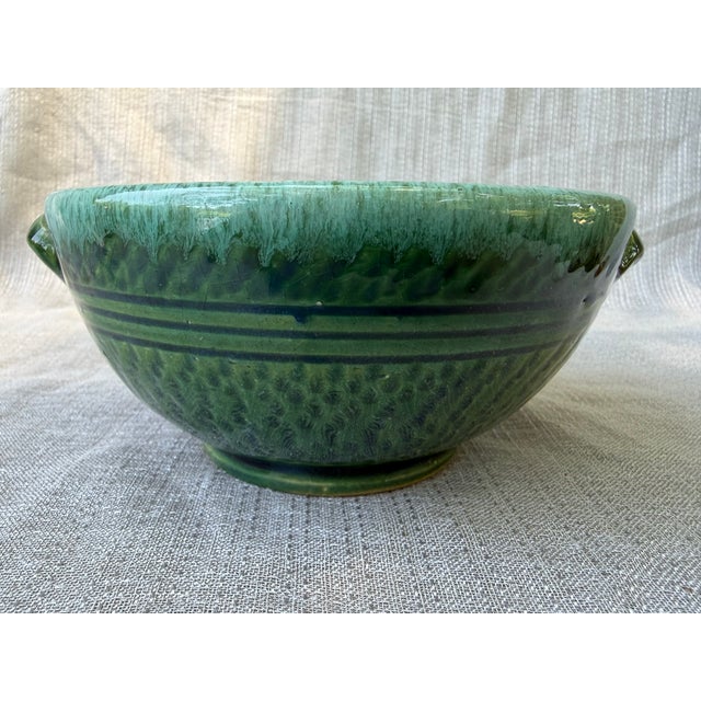 Vintage Green Glazed Ceramic Pottery Bowl With Side Handles For Sale - Image 4 of 12