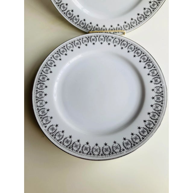 Vintage Silver Lace Pattern Set of 4 Dinner Plates 10.30"D, Makers mark reads " DEW Fine China Japan" in very good condition.