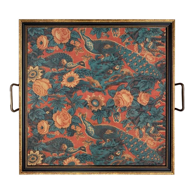 Peacock and Flower Decorative Tray With Brass Handles, 17-1/2" X 17-1/2" For Sale