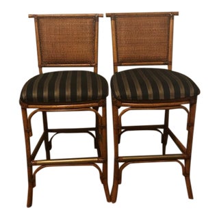 Mid Century Regency Bamboo Rattan Leather Wrapped Bar Stools - a Pair For Sale