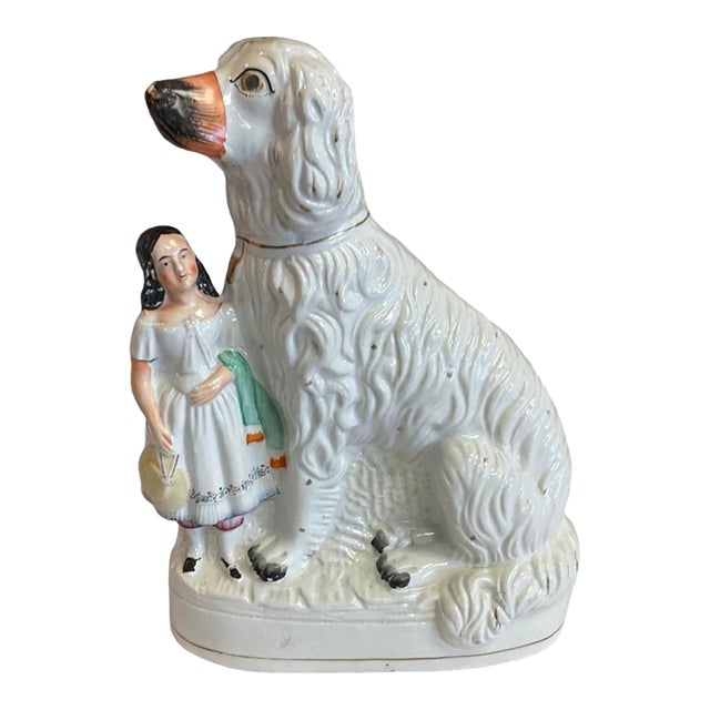 Mid 19th Century Staffordshire Large Dog Figurine With Girl For Sale