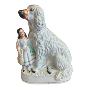 Mid 19th Century Staffordshire Large Dog Figurine With Girl