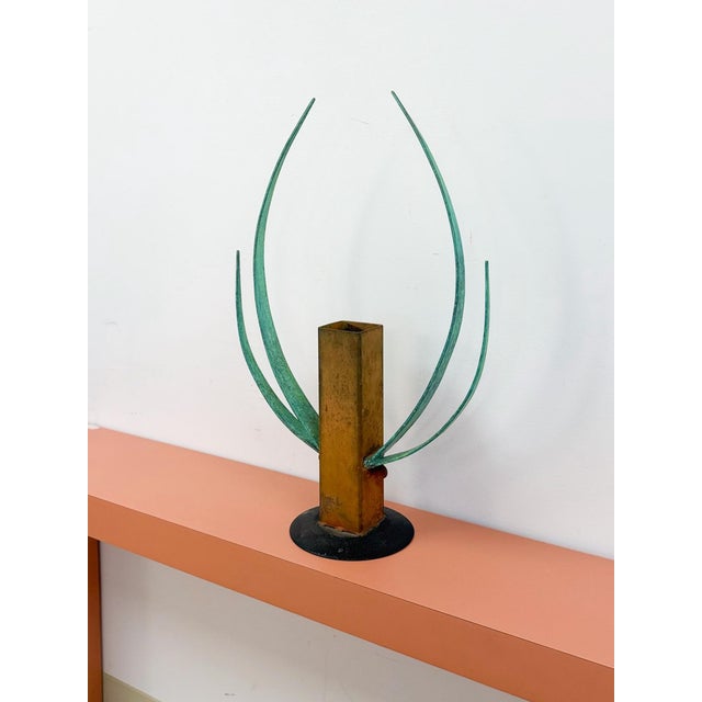 Vintage Sculpture Brutalist Rusted Steel Oxidized Bronze Horns Vase Art For Sale - Image 4 of 12