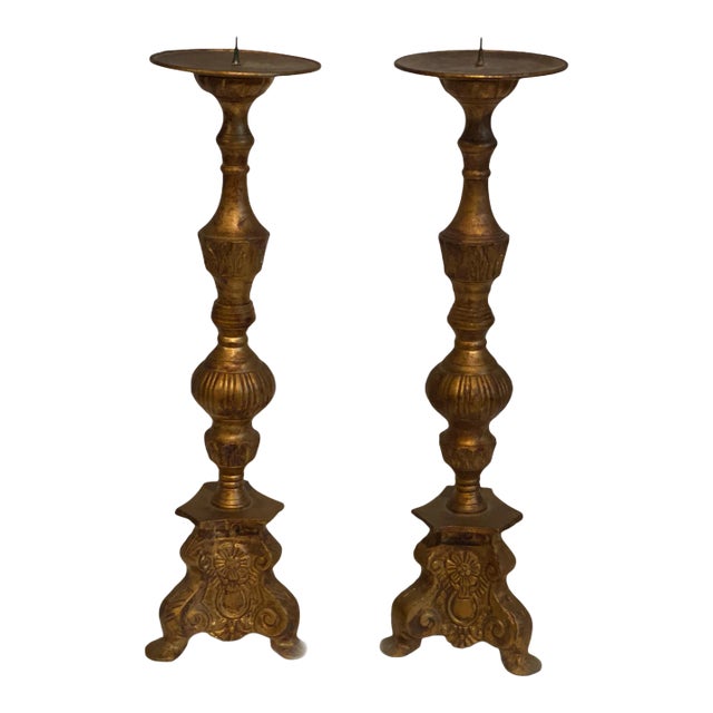 Antique Late 19th Century Neoclassical Gold Gilt Iron Candlesticks - a Pair For Sale