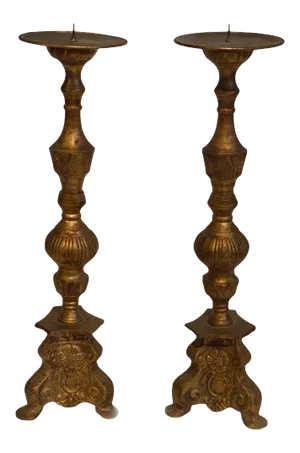 Antique Late 19th Century Neoclassical Gold Gilt Iron Candlesticks - a Pair