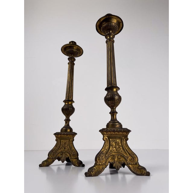 Italian Baroque Style Church Candlesticks in Gilt Bronze, Set of 2 For Sale - Image 16 of 17