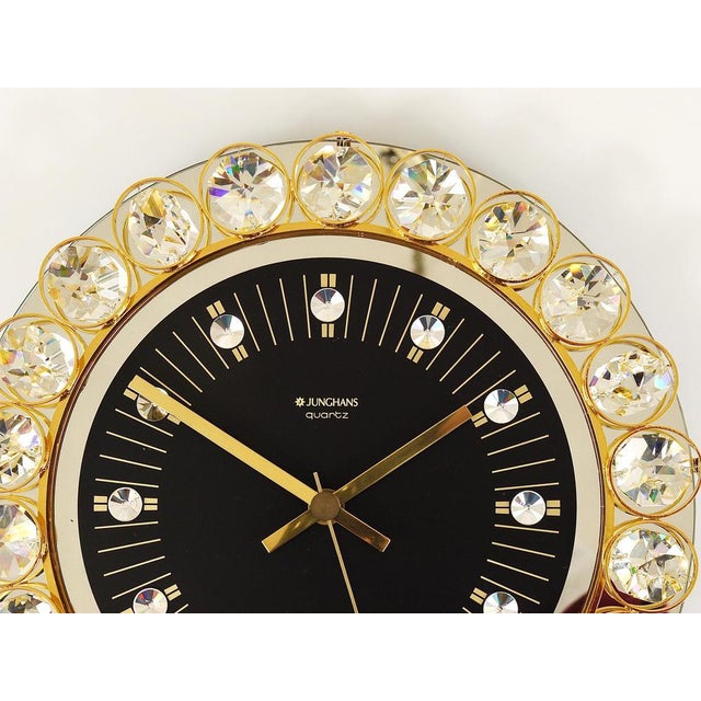 Hollywood Regency German Hollywood Regency Golden Wall Clock in Gilt with Crystals by Junghans, 1970s For Sale - Image 3 of 15