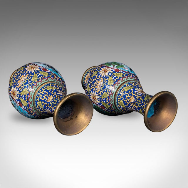 Metal Pair of Vintage Baluster Form Vases, Oriental, Cloisonne, Posy Urn, Circa 1960 For Sale - Image 7 of 10