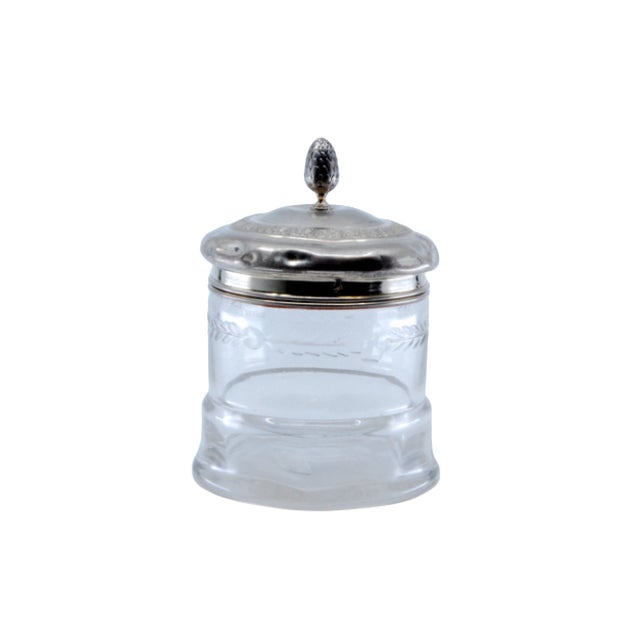 Glass Bottle with Embossed Silver Lid and Pine Cone-Shaped Handle For Sale - Image 11 of 11