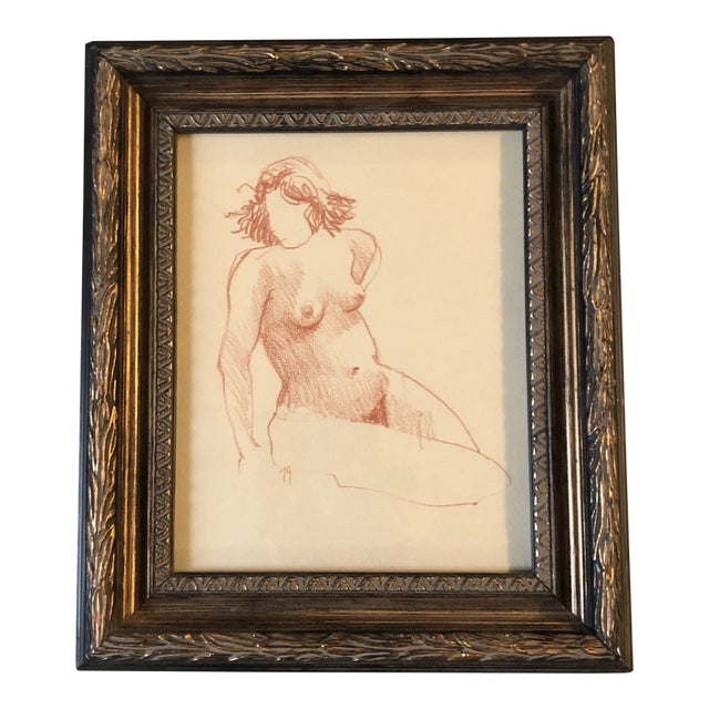 Original Vintage Female Nude Sepia Study Drawing Framed For Sale