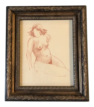 Original Vintage Female Nude Sepia Study Drawing Framed