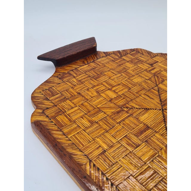 Brown Mid-20th Century Wooden Tray with Geometric Inlay and Handles, 1950s For Sale - Image 8 of 9