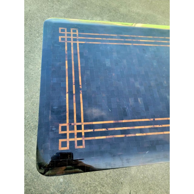 Vintage Chinese Chippendale Lexington Tortoiseshell Bronze Black Extra Long Tessellated Top Console Sofa Table For Sale In West Palm - Image 6 of 10